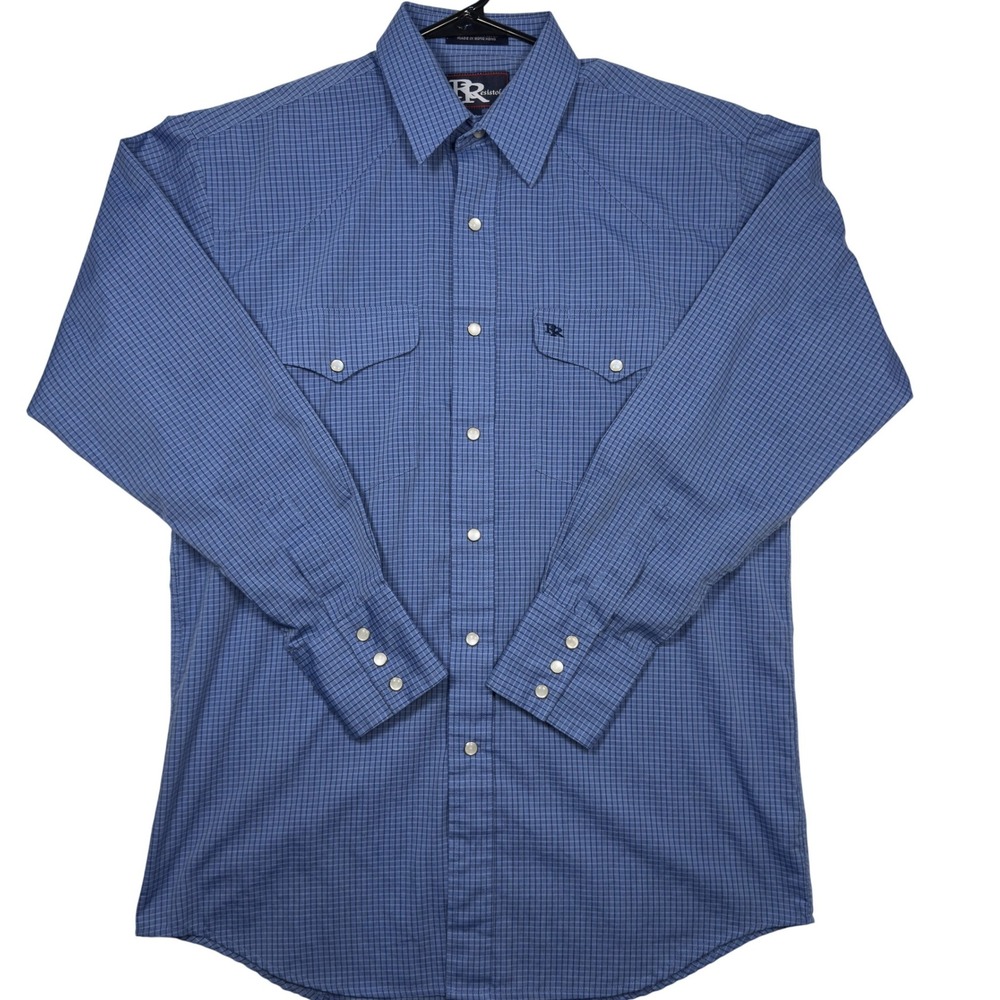 Resistol Ranch Western Snap Shirt Large Long Sleeve Plaid Blue